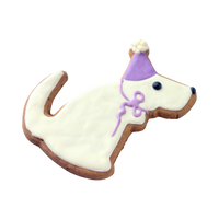 Daisy Bites Natural Dog Bakery purple birthday hat-shaped dog treat on a white background.