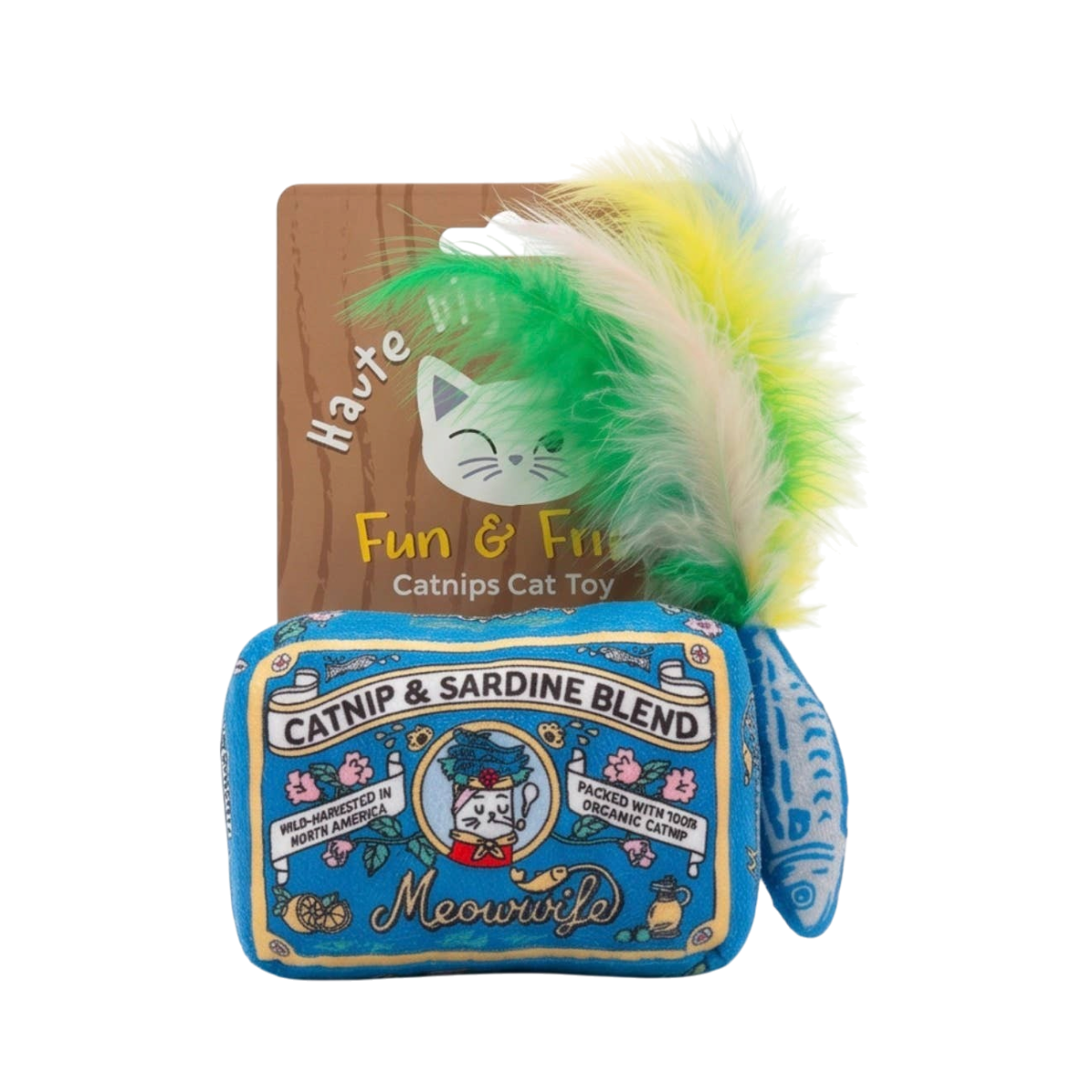 Haute Diggity Dog Meowwife Sardines catnip toy shaped like a sardine can with colorful feathers attached.