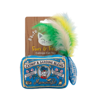 Haute Diggity Dog Meowwife Sardines catnip toy shaped like a sardine can with colorful feathers attached.