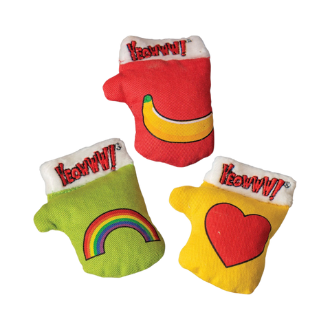 Yeowww! Catnip Kitten Mittens by Ducky World, colorful small cat toys filled with organic catnip.