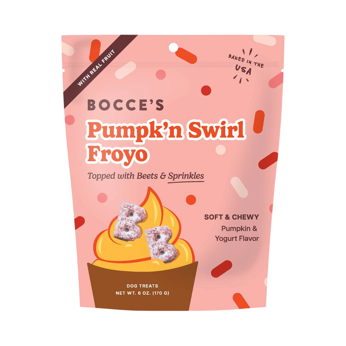 Bocce's Bakery Pumpk'n Swirl Froyo soft and chewy dog treats in primary product packaging.