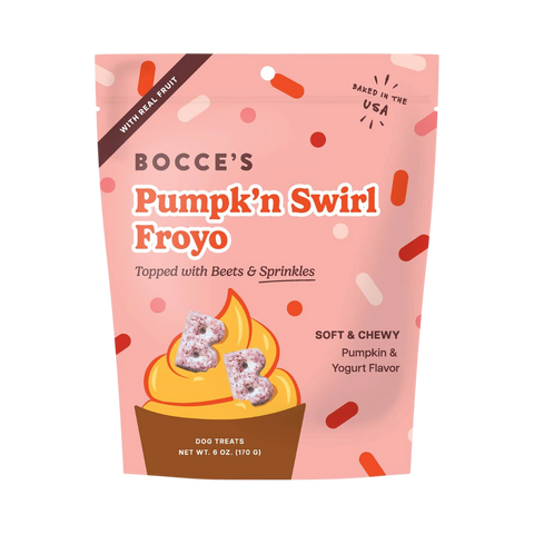 Bocce's Bakery Pumpk'n Swirl Froyo soft and chewy dog treats in primary product packaging.