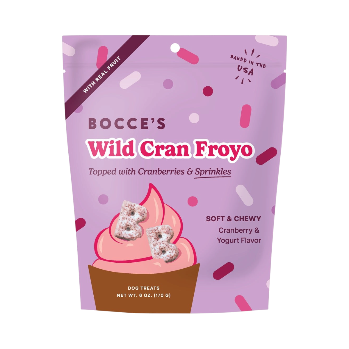Bocce's Bakery Wild Cran Froyo soft and chewy dog treats in colorful packaging on a white background.