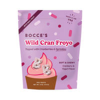 Bocce's Bakery Wild Cran Froyo soft and chewy dog treats in colorful packaging on a white background.