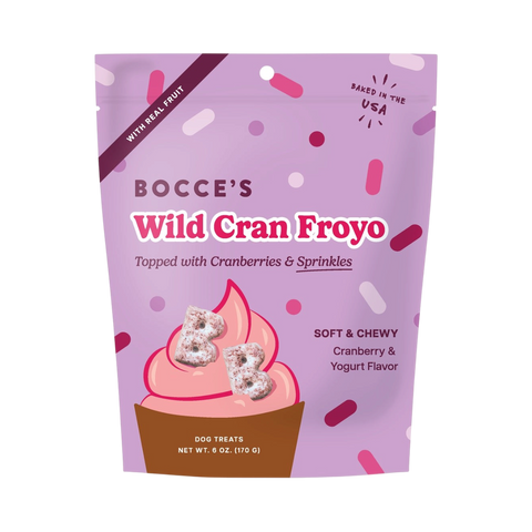 Bocce's Bakery Wild Cran Froyo soft and chewy dog treats in colorful packaging on a white background.