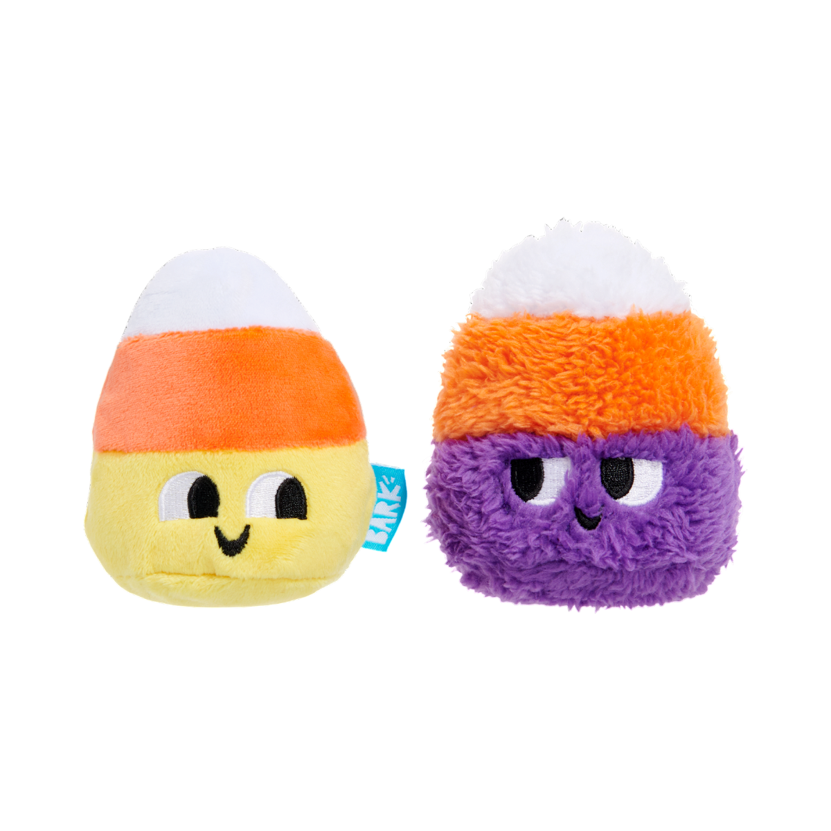 BARK Halloween Candy Corn Kids two-pack plush dog toy set featuring colorful seasonal candy corn designs.