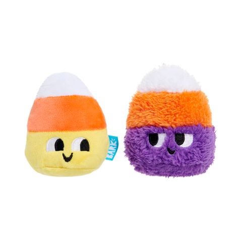 BARK Halloween Candy Corn Kids two-pack plush dog toy set featuring colorful seasonal candy corn designs.