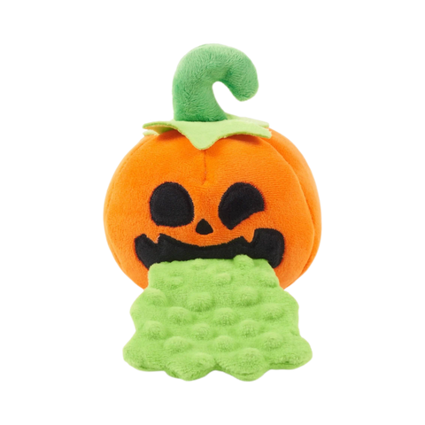 BARK Yak o Lantern plush dog toy featuring a jack-o-lantern design for Halloween play.