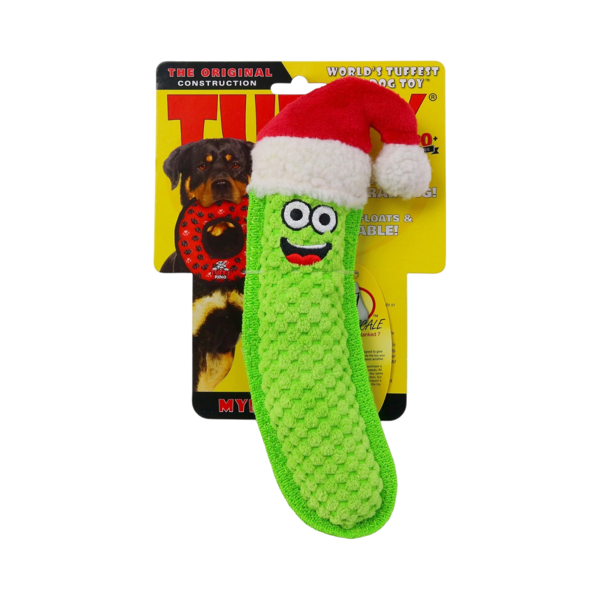Tuffy Santa Pickle plush dog toy featuring a festive holiday pickle character with a Santa hat.