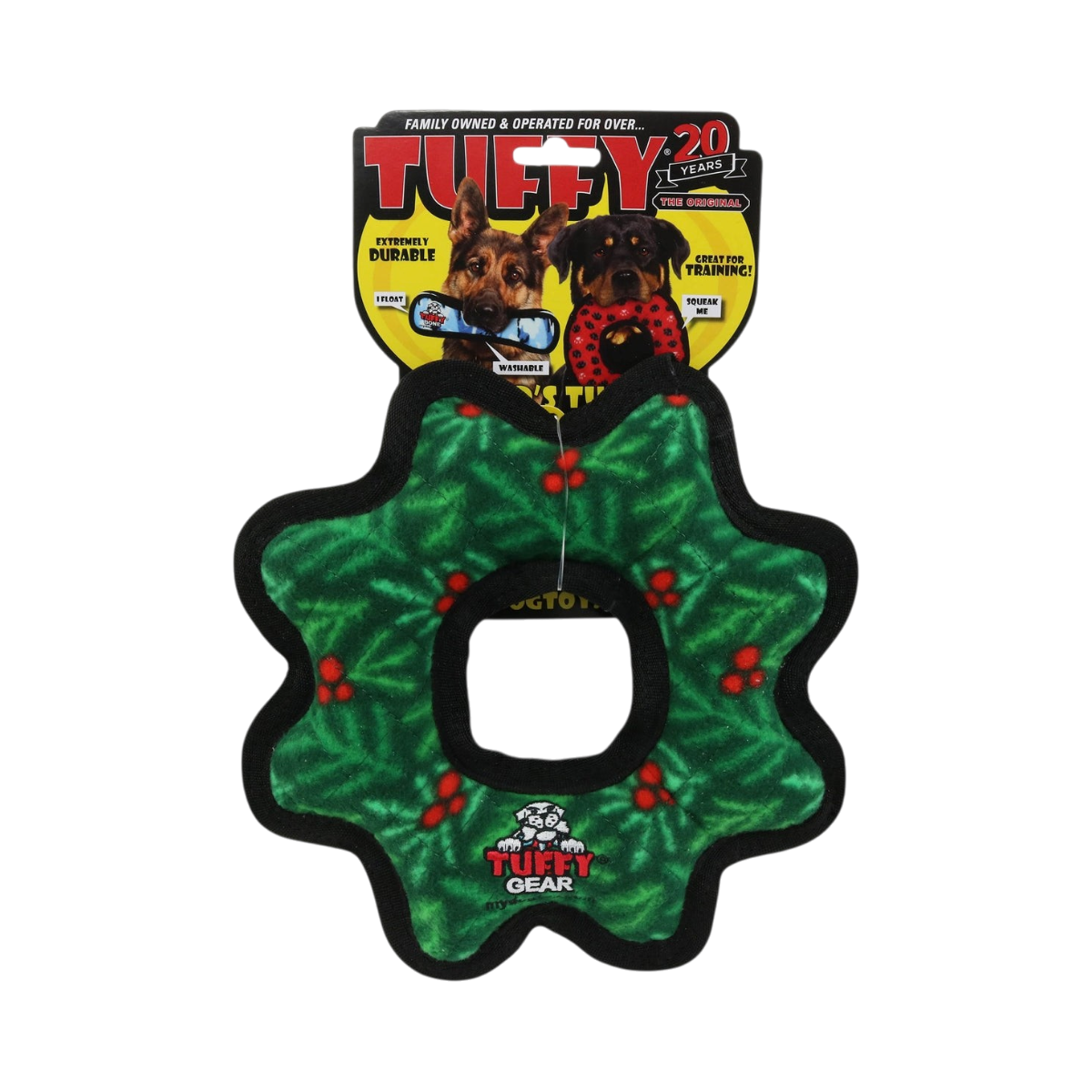 Tuffy Gear Wreath holiday dog toy shaped like a green Christmas wreath with colorful accents.
