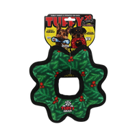 Tuffy Gear Wreath holiday dog toy shaped like a green Christmas wreath with colorful accents.