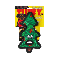 Close-up detail of the Tuffy Tree Tug holiday dog toy showing texture and construction.