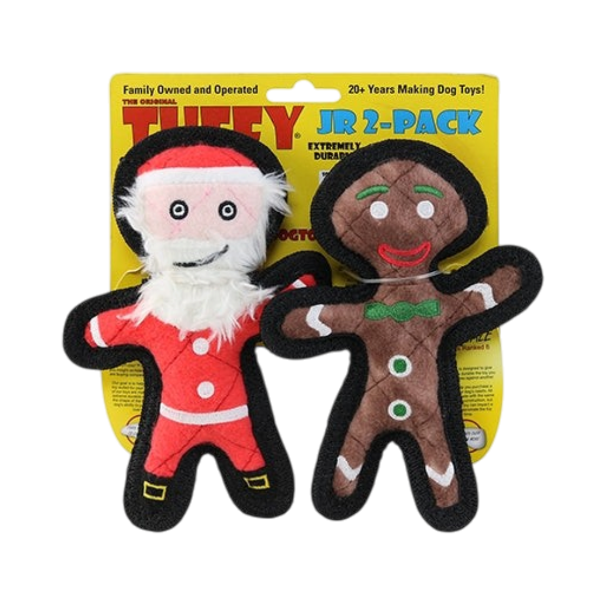 Tuffy Jr. Santa & Ginger holiday dog toy set featuring plush Santa and gingerbread character designs.