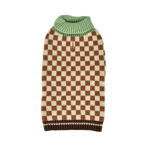 Close-up detail of Finnegan's Standard Goods Campfire Check Sweater showing plaid pattern and fabric texture.