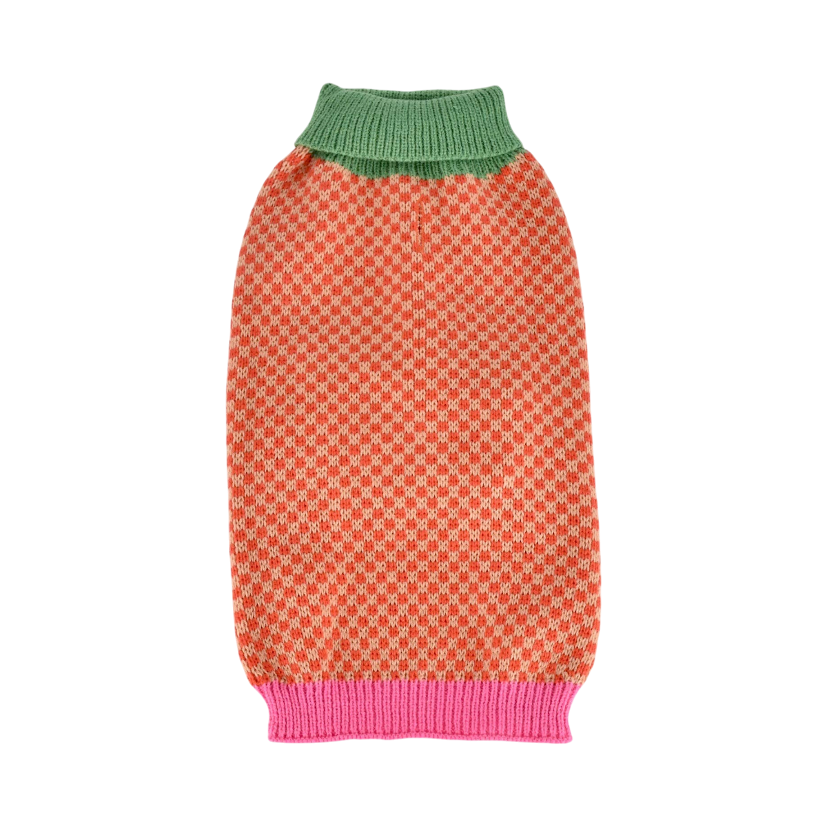 Finnegan's Standard Goods Gingersnap Checker Sweater for dogs in a warm brown and cream plaid knit pattern.