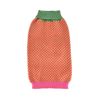 Finnegan's Standard Goods Gingersnap Checker Sweater for dogs in a warm brown and cream plaid knit pattern.