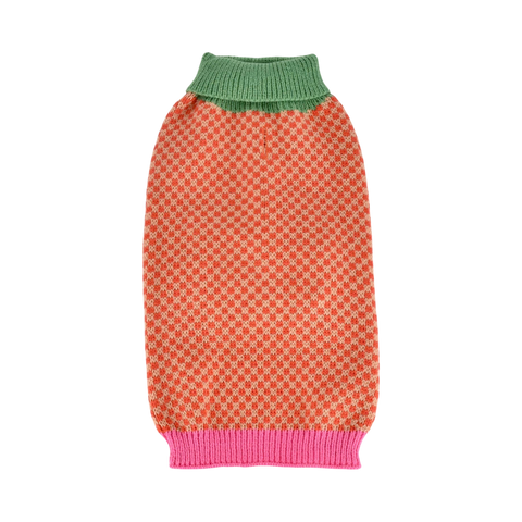 Finnegan's Standard Goods Gingersnap Checker Sweater for dogs in a warm brown and cream plaid knit pattern.