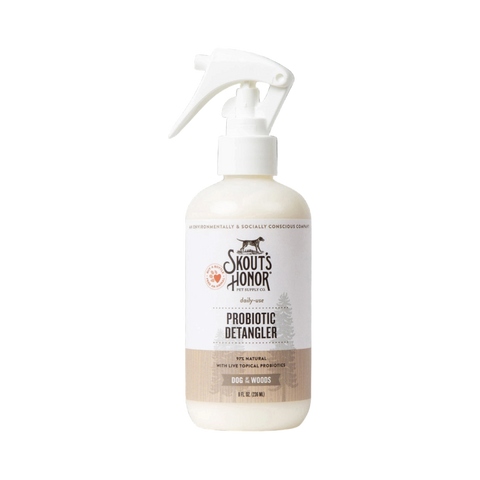 Skout's Honor Dog of the Woods Detangler spray bottle with nature-inspired label design.