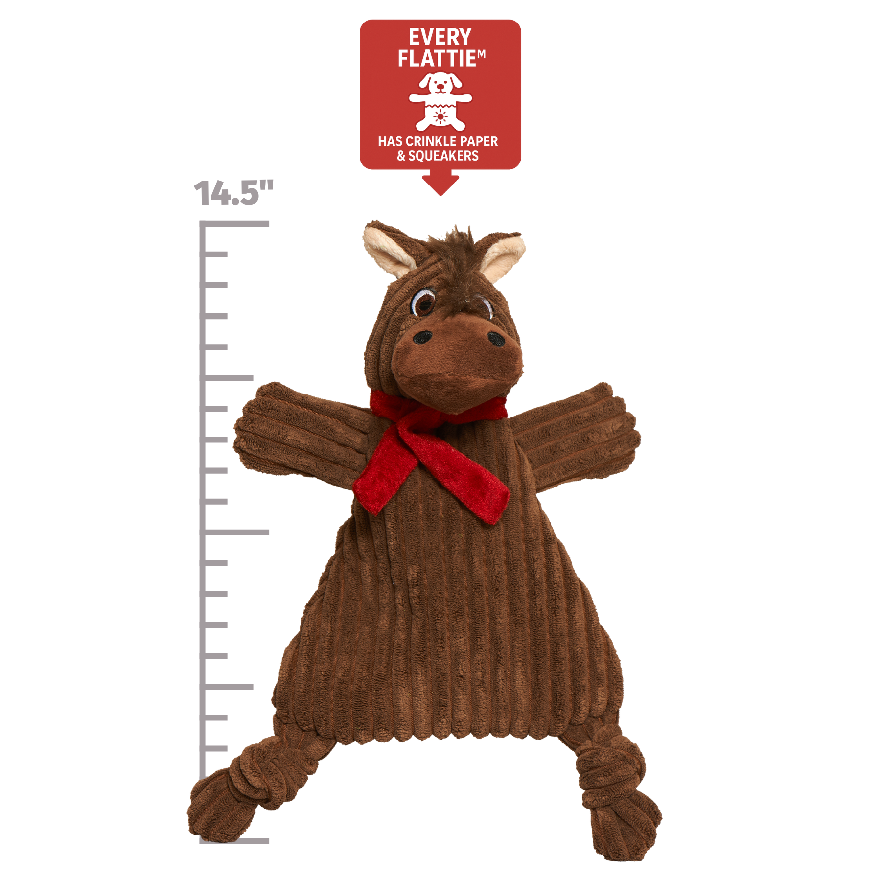 HuggleFlatties Barley Horse Large plush dog toy shown from side angle displaying flat squeaker design.