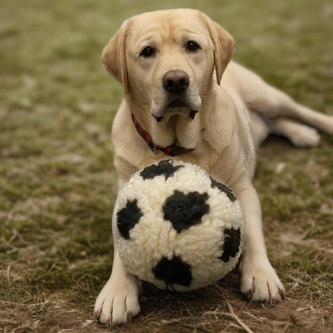 HuggleFleece Soccer Ball by HuggleGroup showing detailed view of black and white hexagonal panel construction.