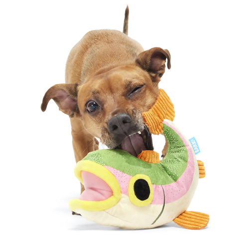 BARK Brooke Trout plush dog toy showing detailed texture and crinkle material construction features