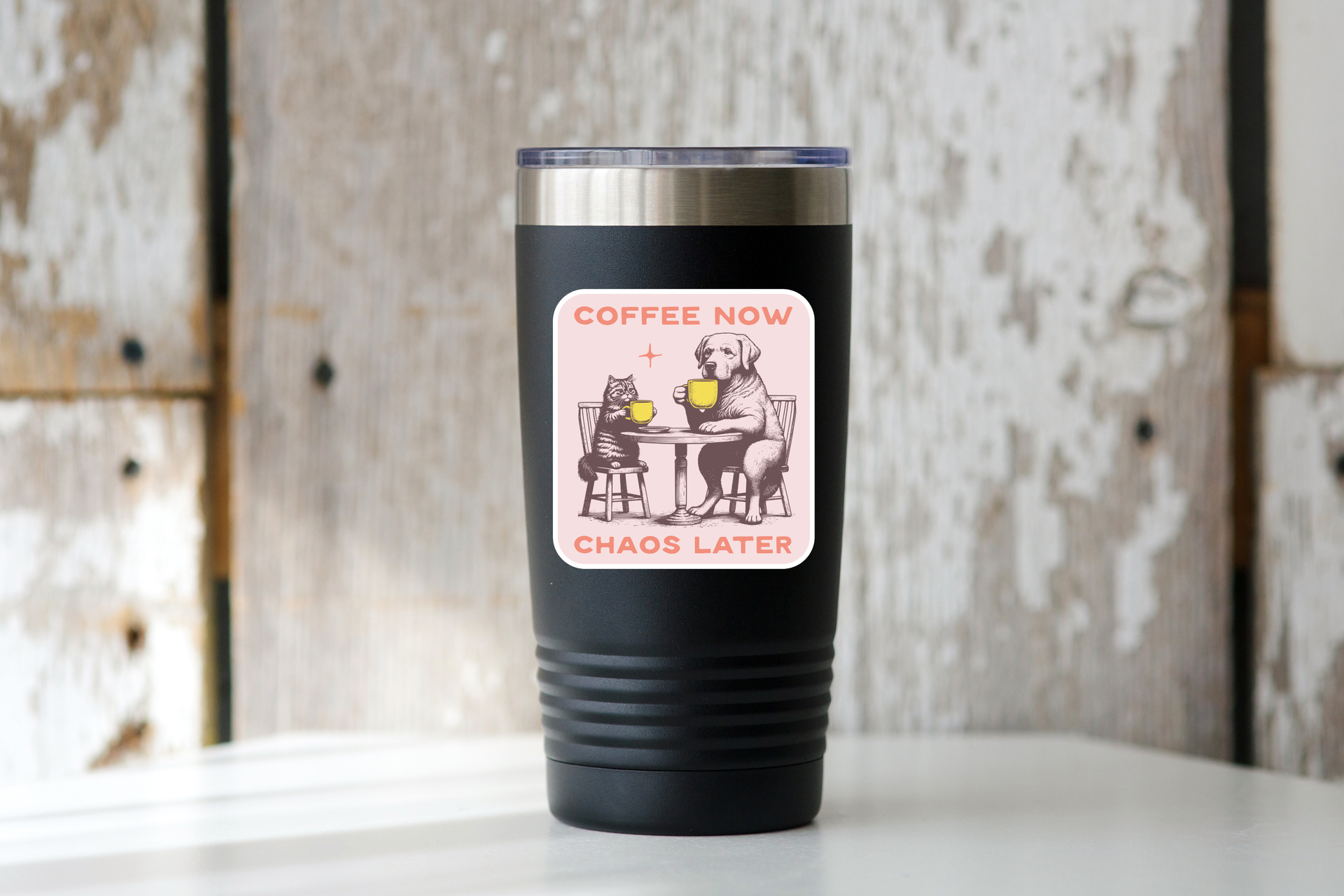 Yarnival Coffee Now Chaos Later vinyl sticker showing detailed view of premium material and text design.