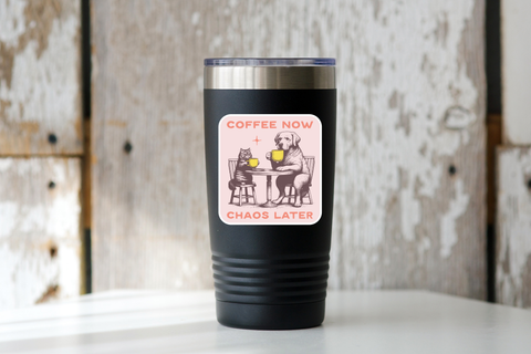 Yarnival Coffee Now Chaos Later vinyl sticker showing detailed view of premium material and text design.