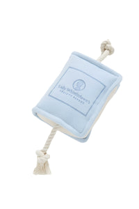 Blue plush toy with a rope on a white background