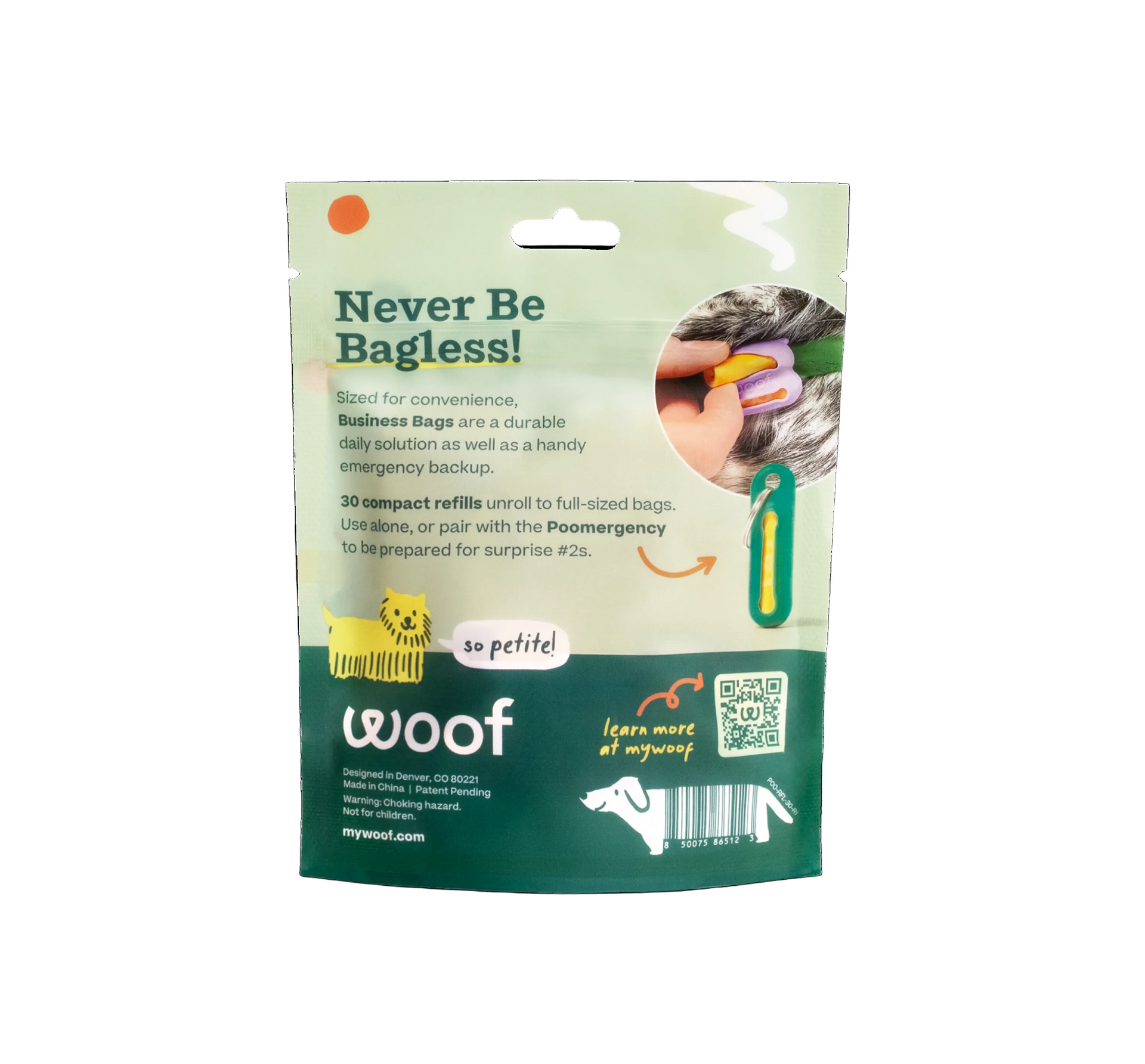 Dog waste bag packaging with 'woof' branding on a white background