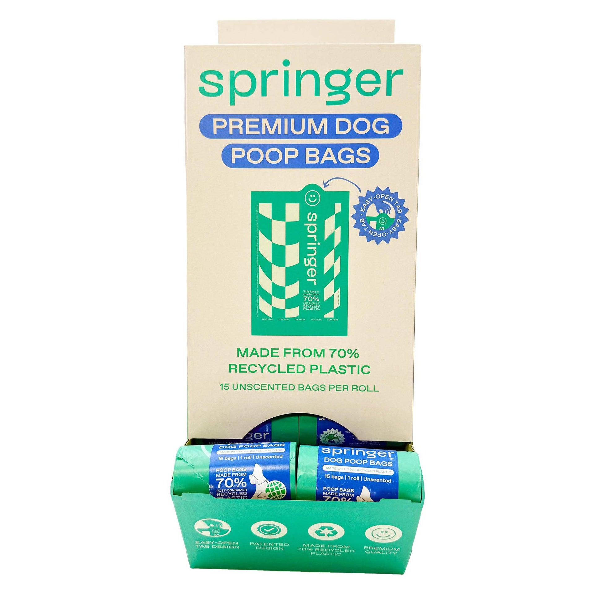 Springland Pets single poop bag roll in green packaging showing easy-tear perforated waste bags for dog walking.
