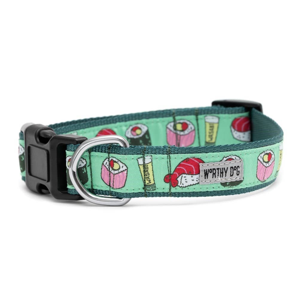 The Worthy Dog Sushi Collar detail view showing colorful Japanese-inspired sushi roll pattern and sturdy buckle hardware.