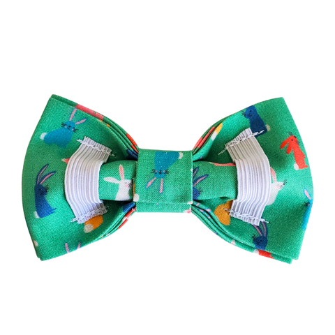 Charlie & the Hound Bunny Dog Bow Tie styled on a dog showing the whimsical bunny print pattern.