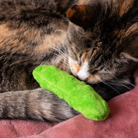 Huxley & Kent Pickle Cat Toy showing detailed view of soft plush fabric texture and pickle-shaped design.