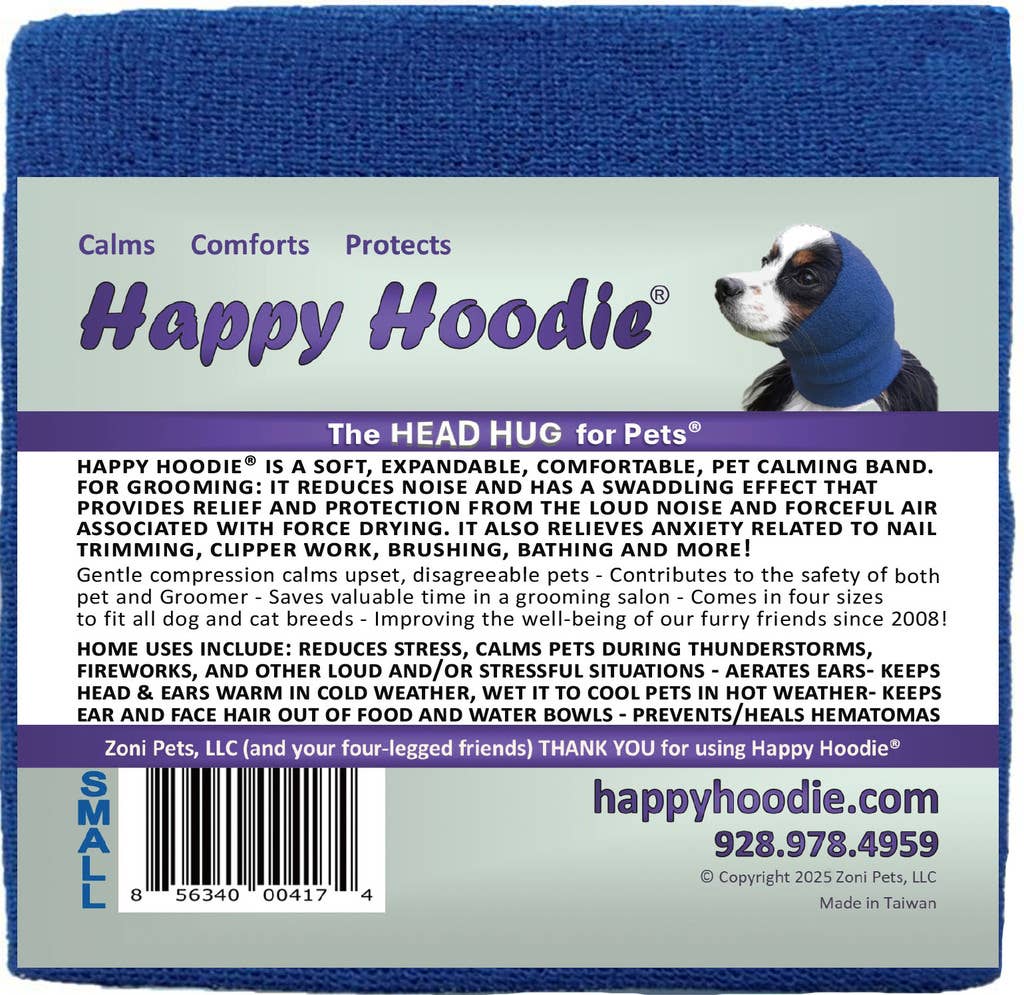 Happy Hoodie by Pet Palette Distribution shown in use on a calm, relaxed dog during grooming.