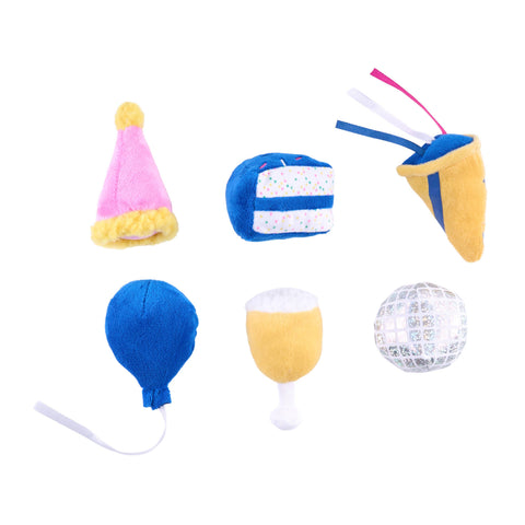 ZippyPaws Birthday Party 6-Pack plush dog toys scattered playfully showing colorful party-themed designs and soft textures.