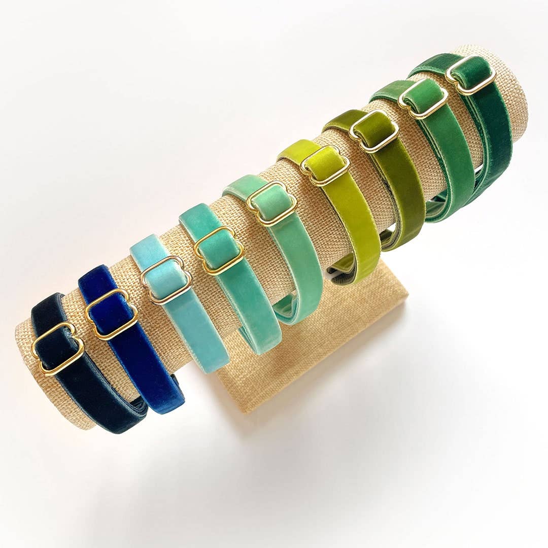 Made By Cleo Velvet Mint robin's egg blue cat collar showing detailed buckle and safety release mechanism.