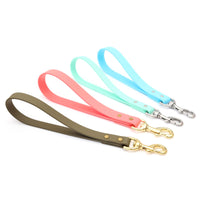 Mimi Green Traffic Dog Lead showing waterproof biothane construction and metal hardware details in close-up view.