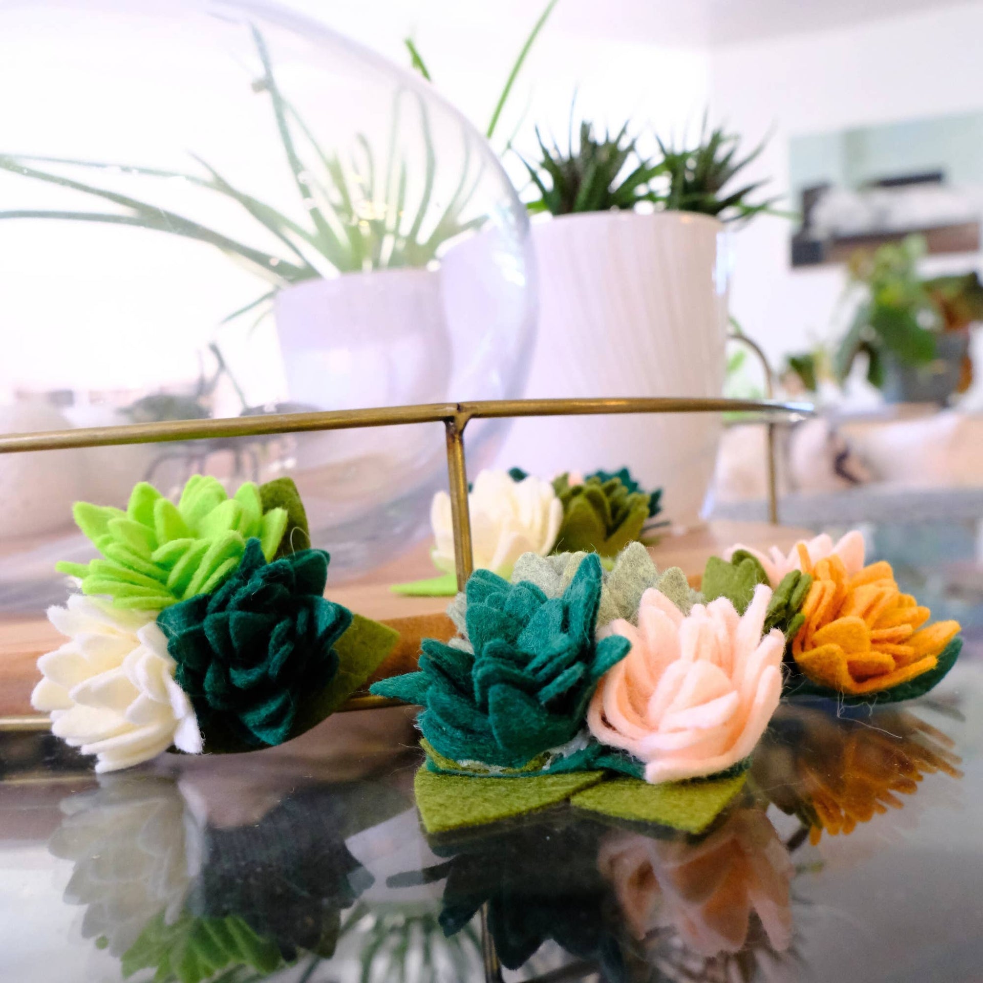 Mimi Green Succulent Dog Collar Accessory detail view showing handcrafted three-dimensional felt botanical elements and attachment mechanism.