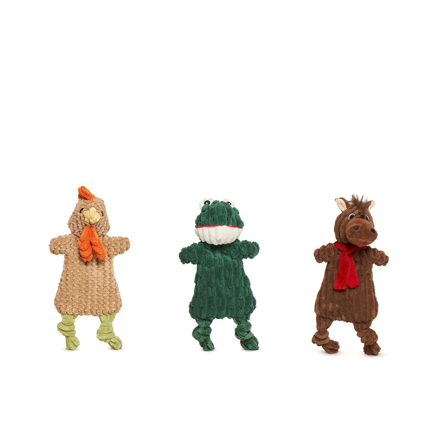 HuggleFlatties Pasture Pals 3-pack featuring three colorful flat plush farm animal dog toys on white background.