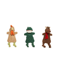 HuggleFlatties Pasture Pals 3-pack featuring three colorful flat plush farm animal dog toys on white background.