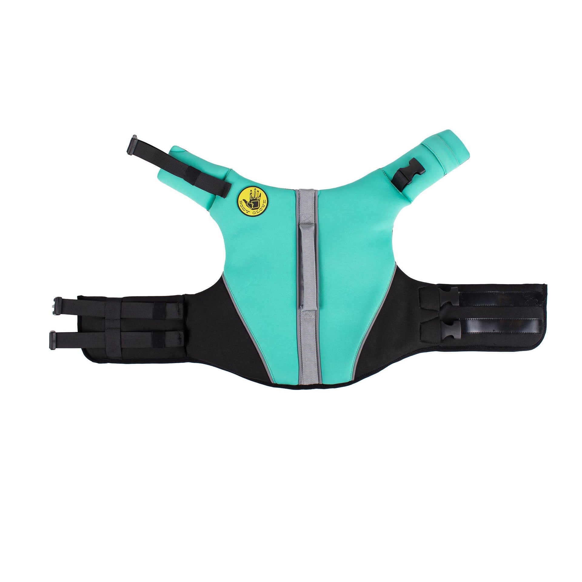 Carolina Pet Company Body Glove neoprene pet life jacket shown from a detailed close-up angle highlighting stitching and material.