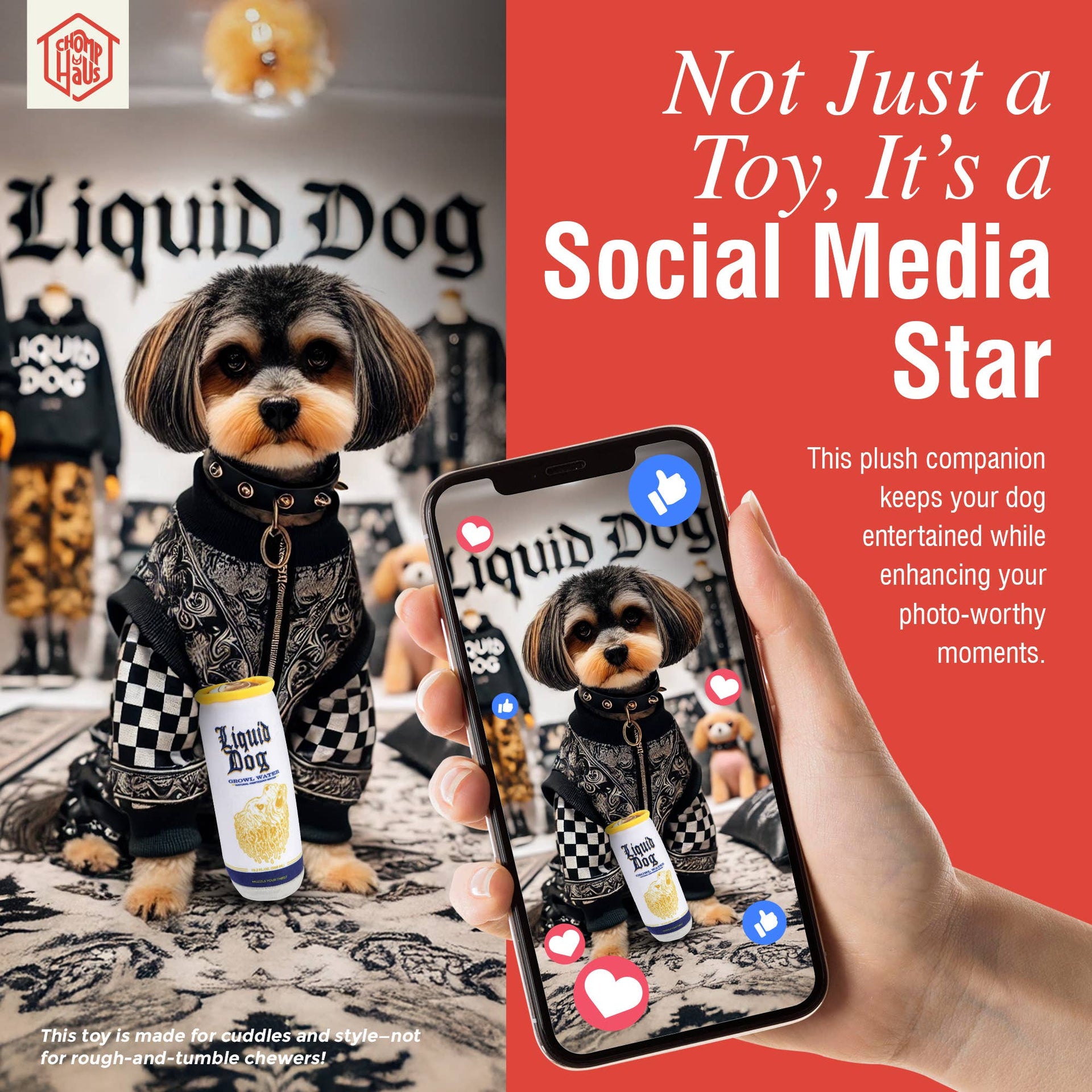 Chomp Haus Liquid Dog Growl Water Toy showing detailed view of sparkling water bottle design for dogs.