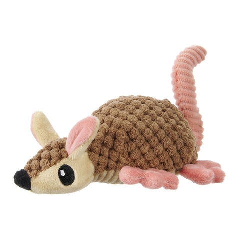 BARK Armie Dillo armadillo-shaped dog toy with multi-textured gray and tan fabric exterior featuring squeaker and crinkle elements.