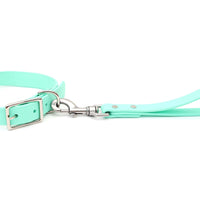 Mimi Green Traffic Dog Lead biothane construction detail showing waterproof PVC-coated polyester webbing material and hardware connection.