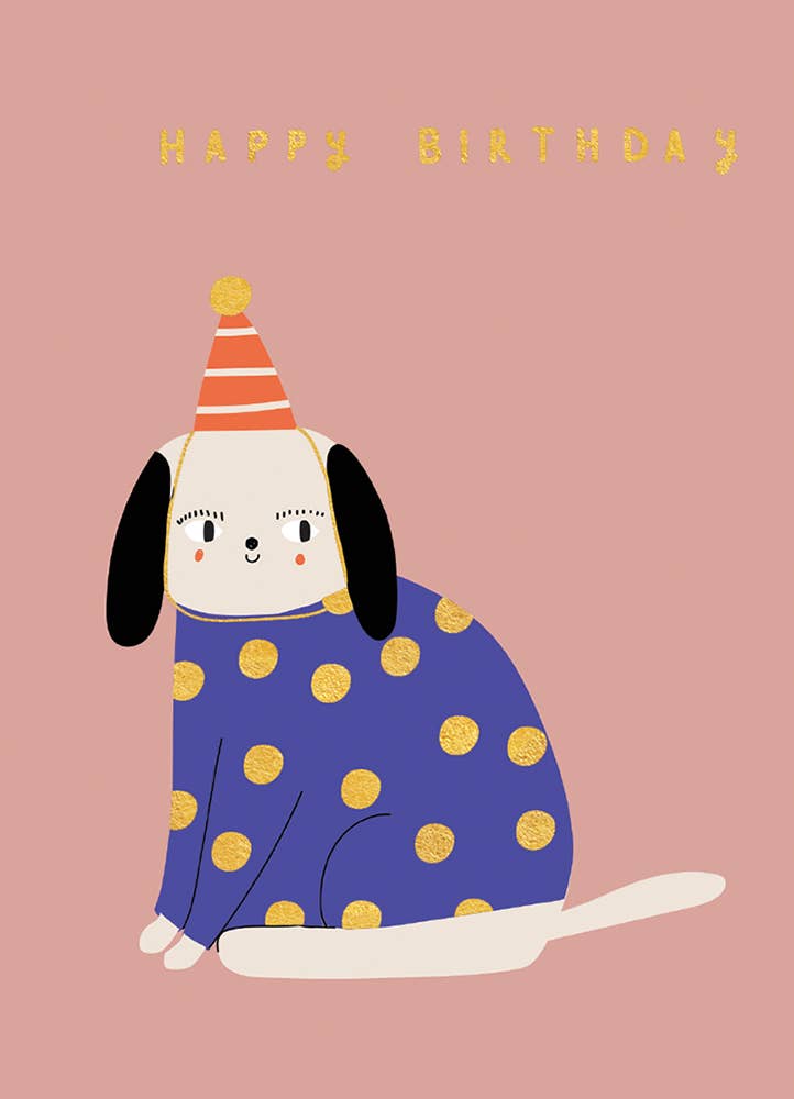 Calypso Cards LLC dog birthday greeting card featuring original artwork in 4.5 x 6.25 inch format.