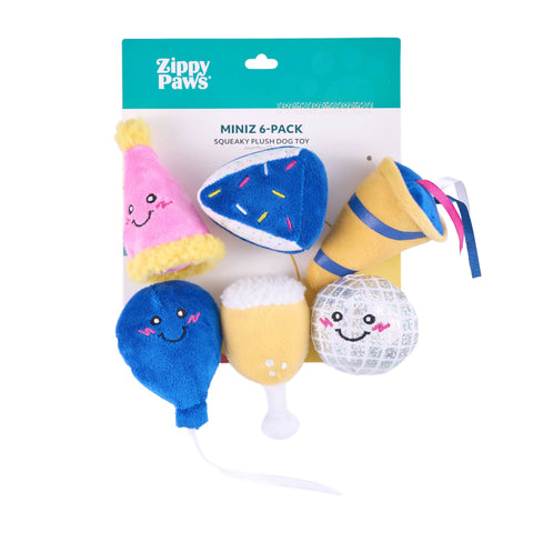 ZippyPaws Birthday Party 6-Pack featuring six colorful miniature plush party-themed dog toys arranged together.