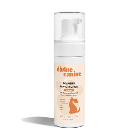 Divine Canine Foaming Paw Shampoo 3.4 oz bottle with pump dispenser for rinse-free dog paw cleaning