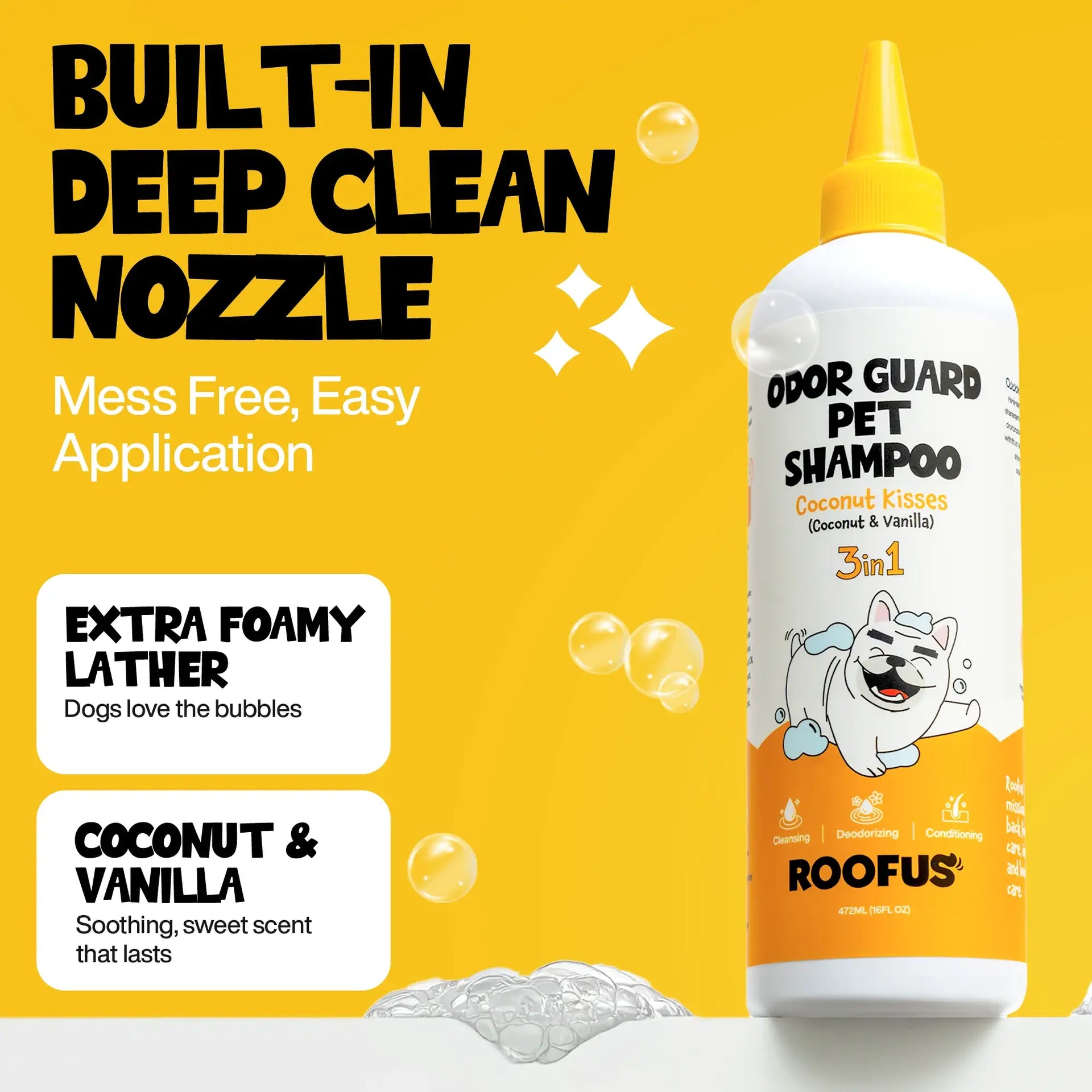 Roofus Coconut Kisses Shampoo bottle showing detailed ingredient list and usage instructions on back label