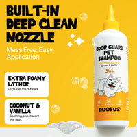 Roofus Coconut Kisses Shampoo bottle showing detailed ingredient list and usage instructions on back label