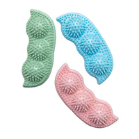 SnugArooz Pea Podz green dog toy showing detailed construction and 5-inch size with removable pea squeakers.